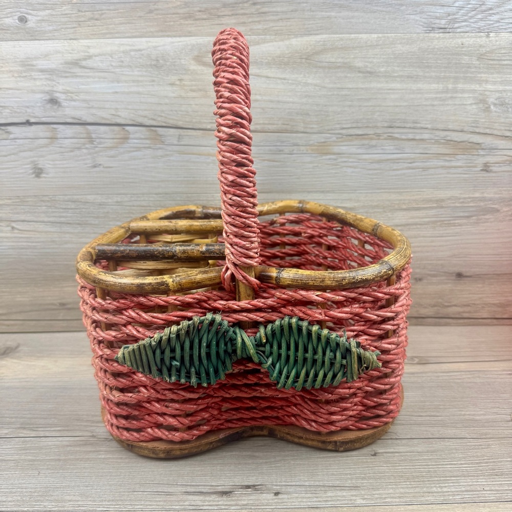 Vintage Handwoven Red Apple Shaped Rattan Utensil Basket With Bamboo Trim.